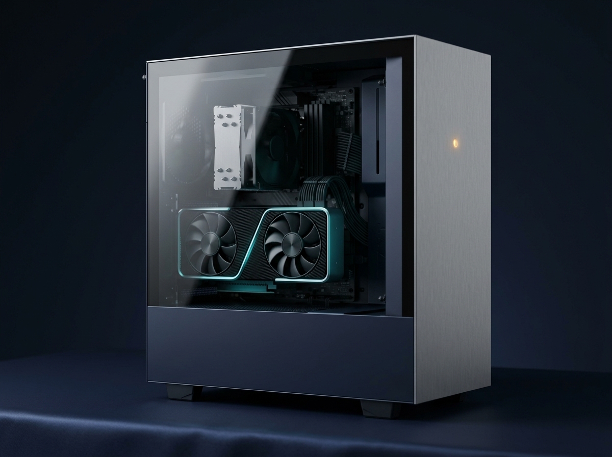 A gaming tower with a glass side panel, its two-fan graphics card lit inside — the hardware the engine runs on when you have it.
