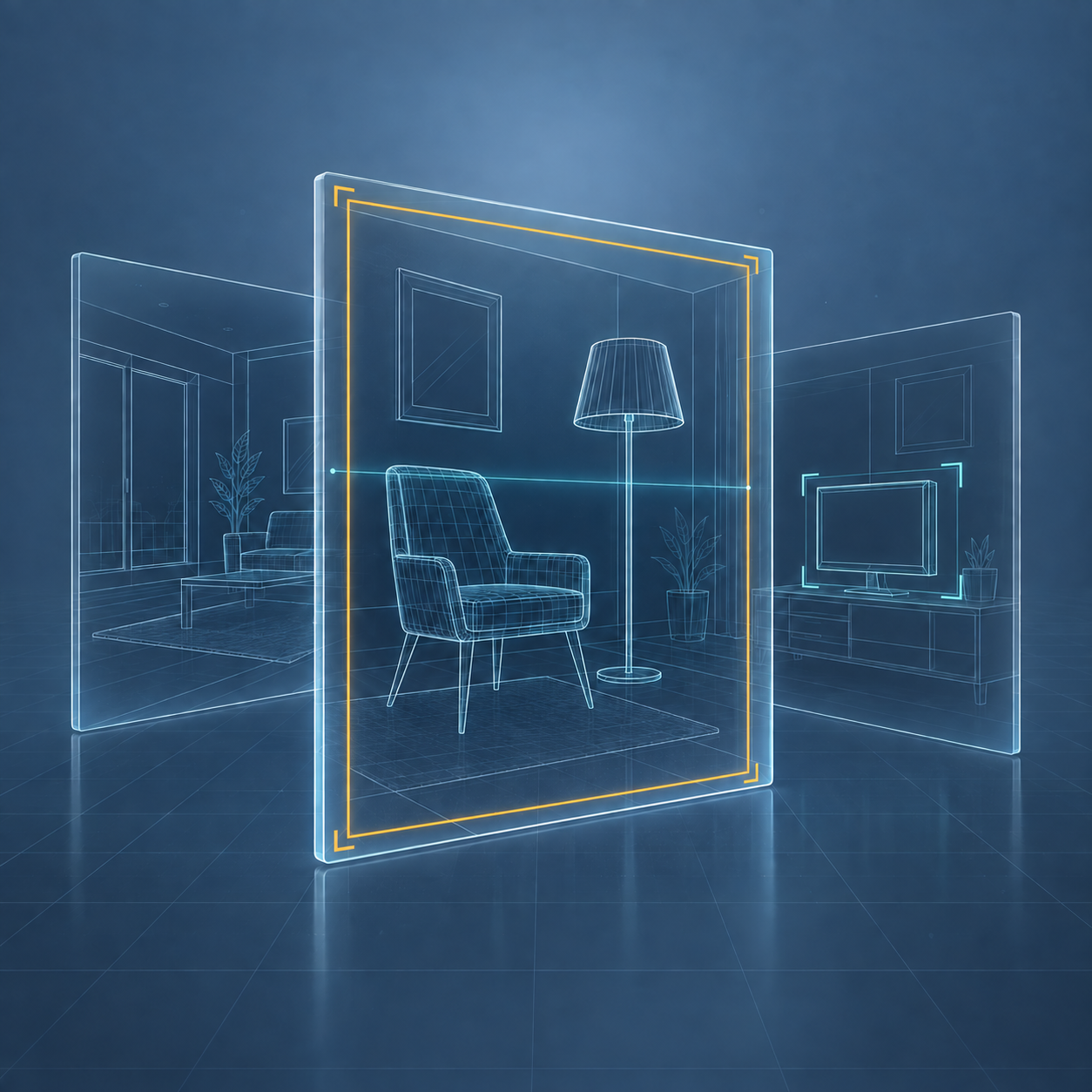 Layered wireframe scenes on a slate-blue background, with a yellow detection frame enclosing the entire front scene.