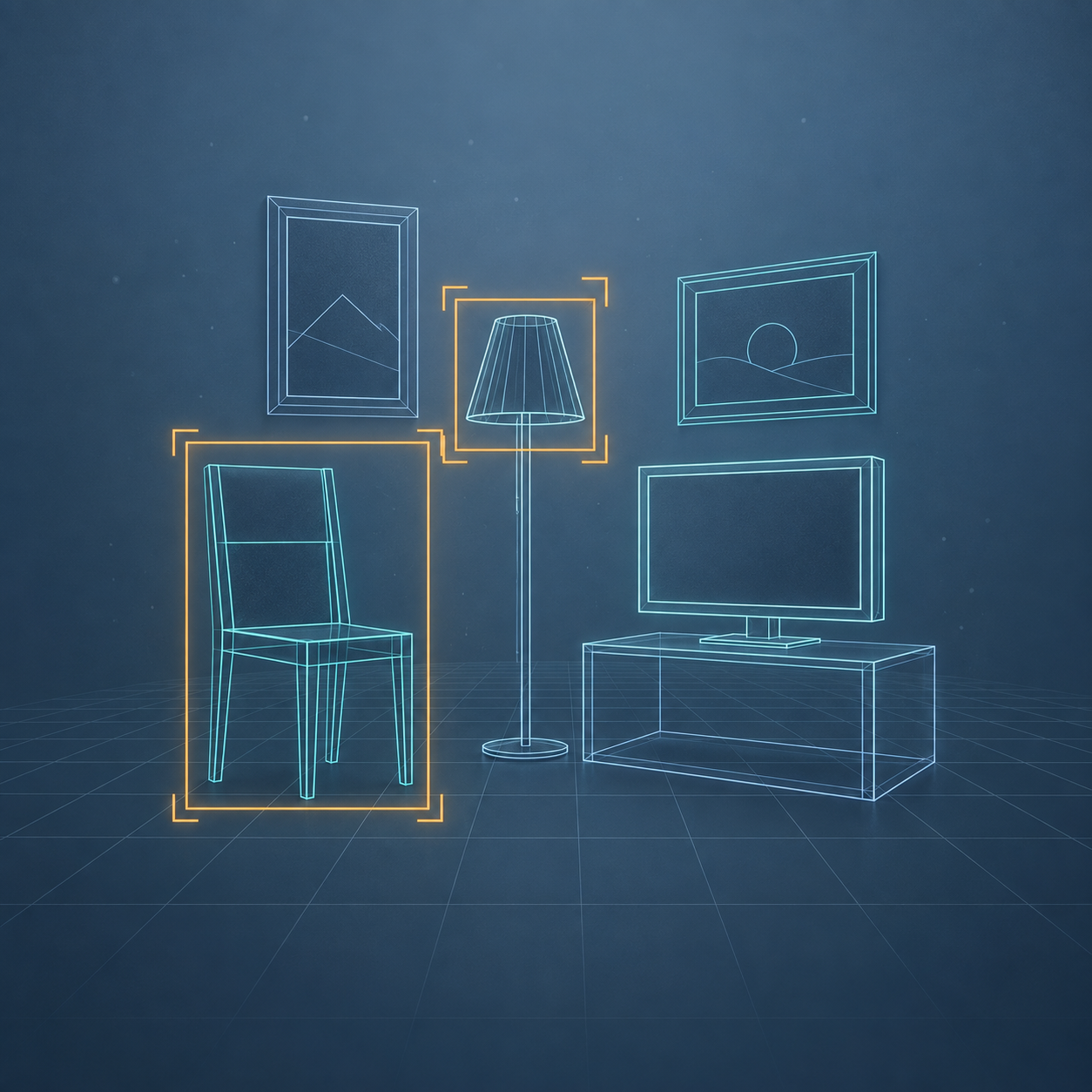 Wireframe chair, floor lamp and computer, with detection outlines highlighting individual objects on a slate-blue background.