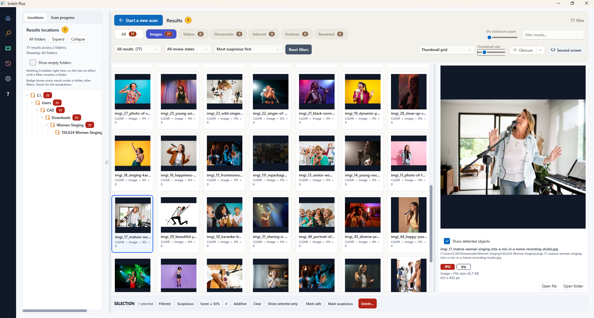 The Snitch results grid showing thumbnails and their scores.