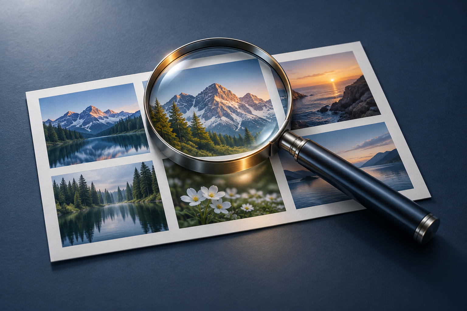 A magnifying lens reveals details in a contact sheet of landscape photographs.